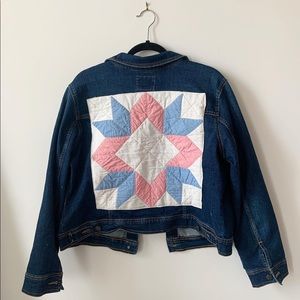Denim jacket with vintage quilt patch